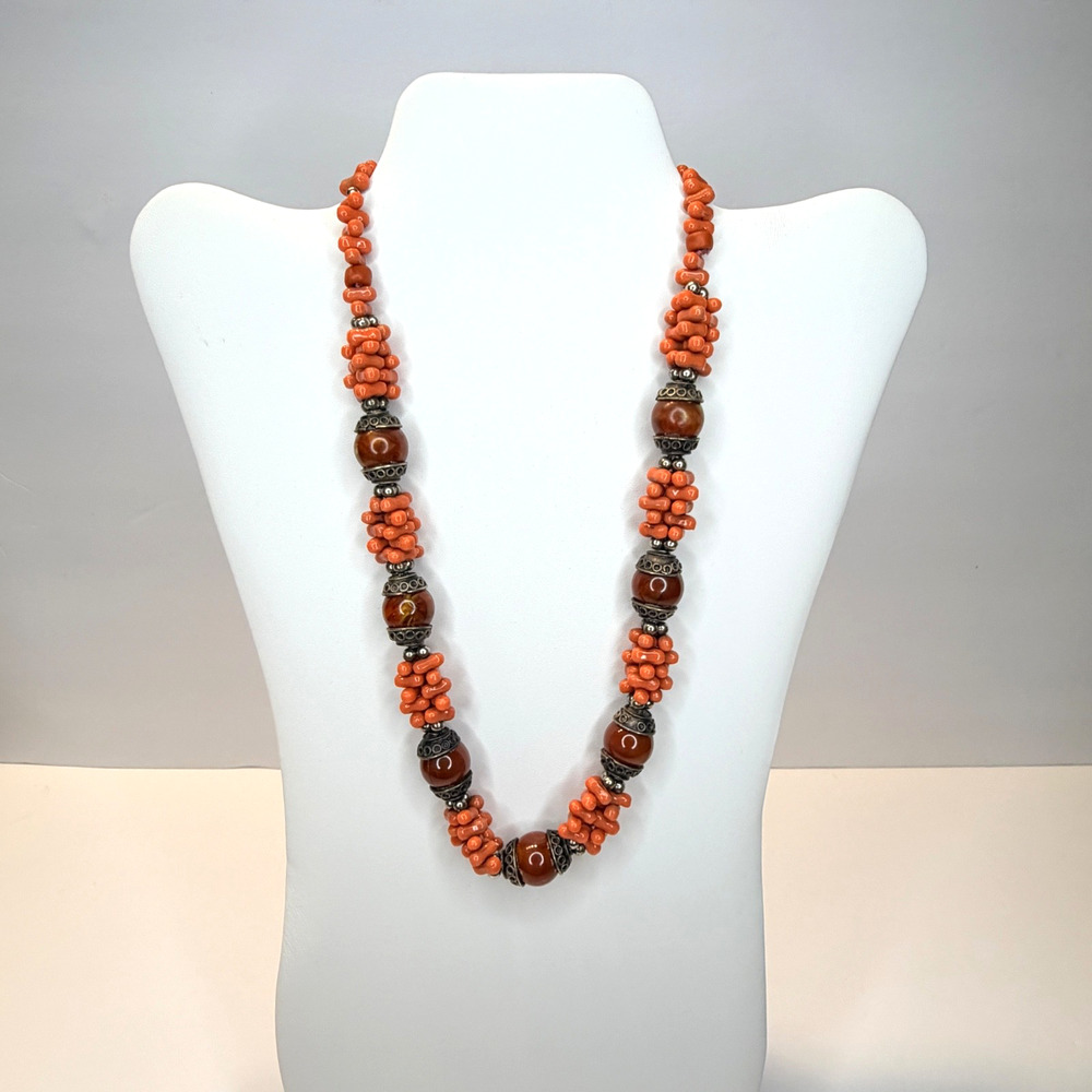 Vintage Tribal Faux Coral & Carnelian Statement Necklace | Boho Ethnic Beaded - Picture 2 of 14